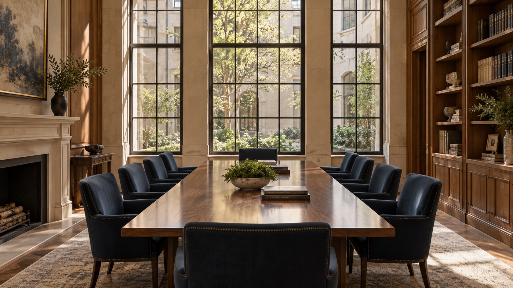 An oak conference table in Axiom’s quiet, sunlit office