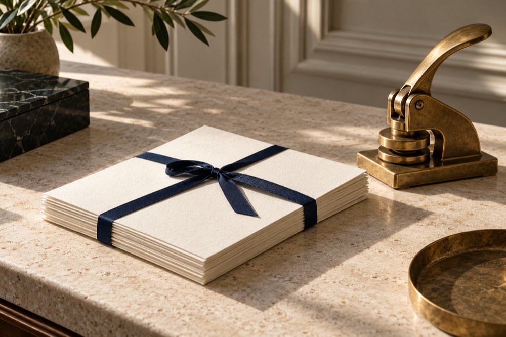 Ivory documents tied with navy ribbon beside a brass embossing press