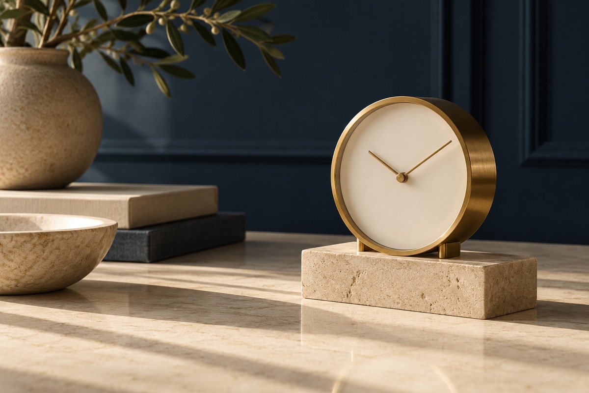 Brass clock on a limestone plinth in afternoon light
